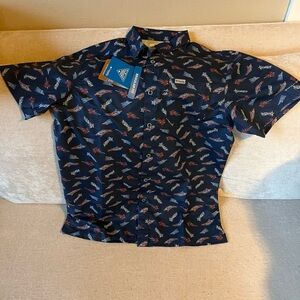 Columbia Performance Fishing Gear Navy Fly Fish Print Short Sleeve Button Shirt